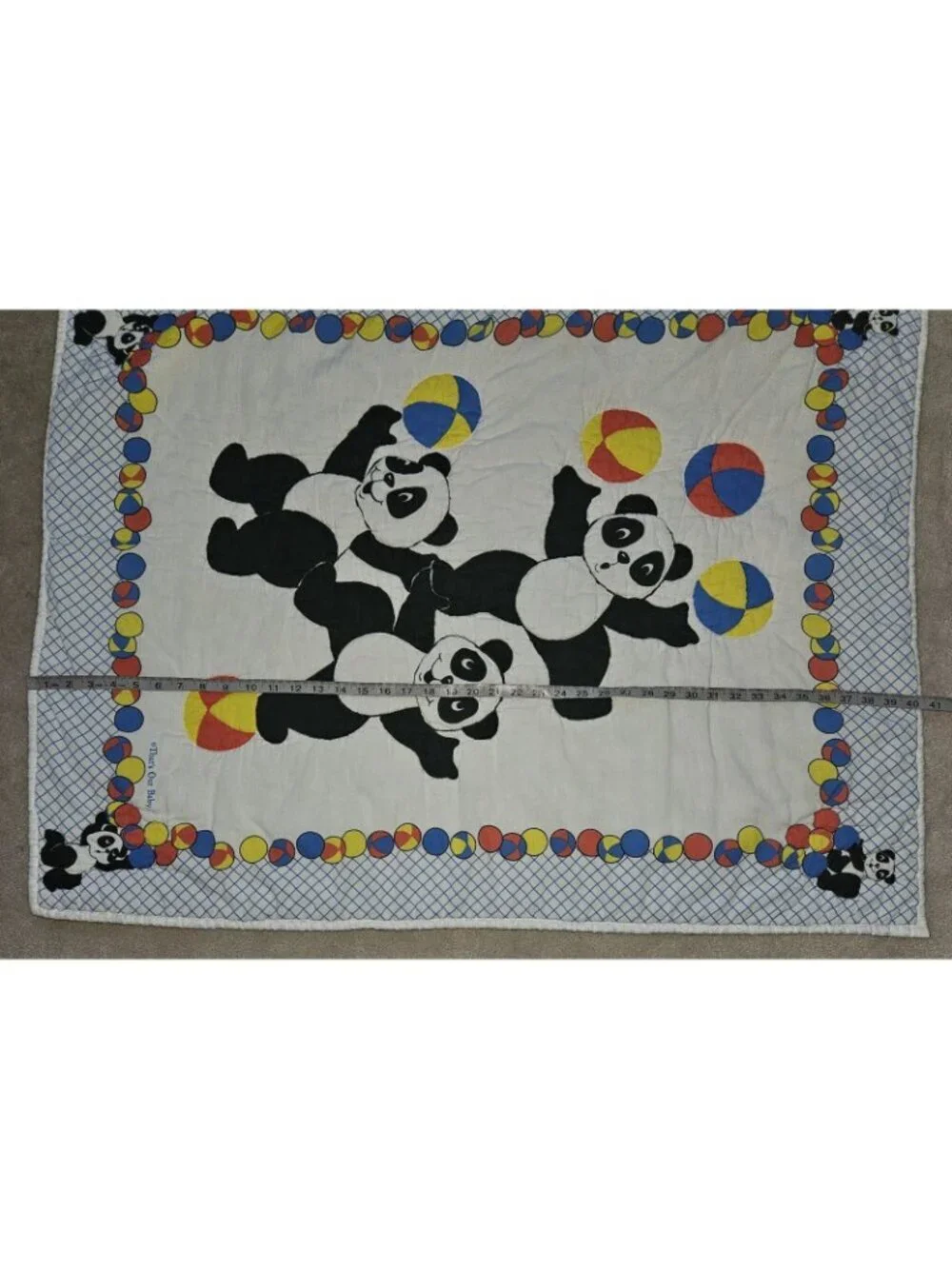 VTG That's Our Baby Quilted Blanket Panda Bears Balls Red Blue Yellow Primary